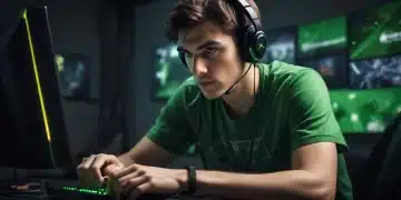 Gamer focused on Xbox, with network router in foreground, symbolizing optimized gaming network.