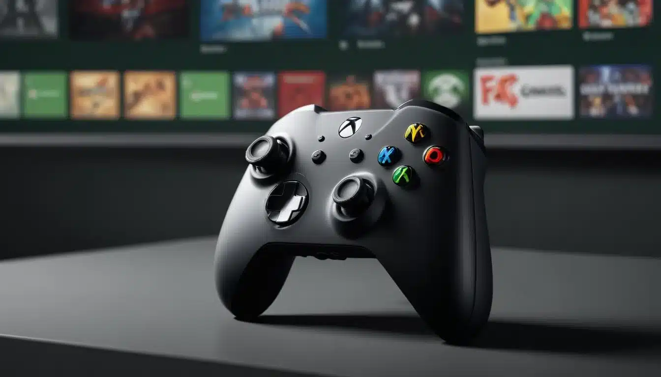 Xbox Series X controller on a table displaying Xbox 360 backward compatible games on screen.