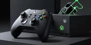 Xbox Series X console with controller, game save icon on screen, signifying successful data migration.