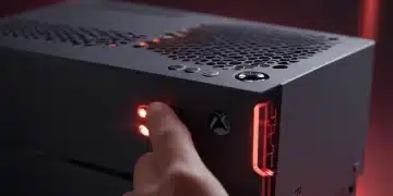 Xbox Series X console overheating with a red glow, hand checking temperature