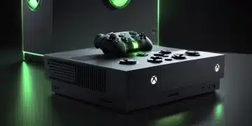 Xbox Series X console with glowing power button and game interface