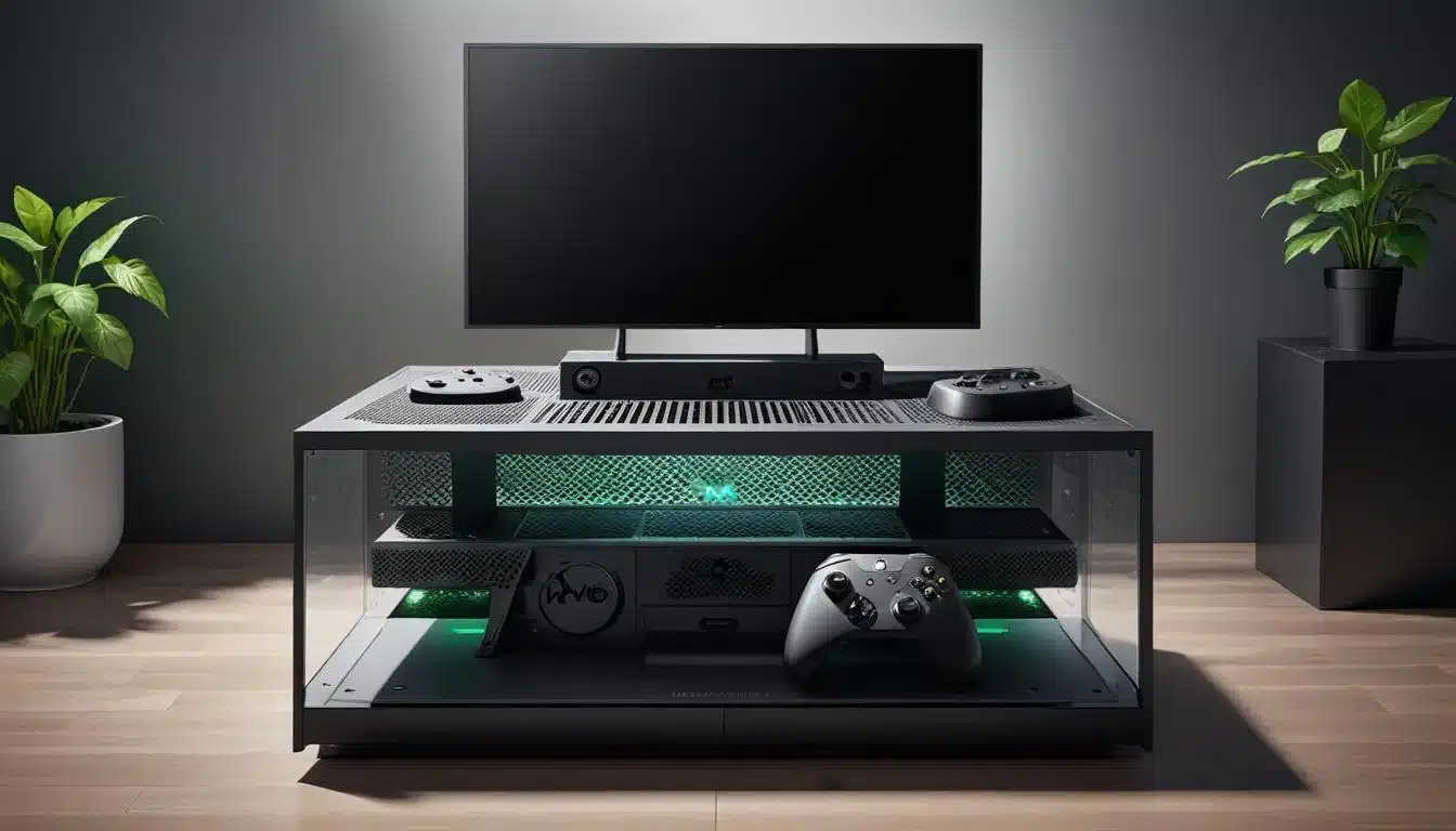 Xbox Series X console properly placed for ventilation on an entertainment stand
