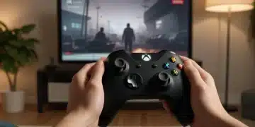 Person troubleshooting Xbox error on TV with controller