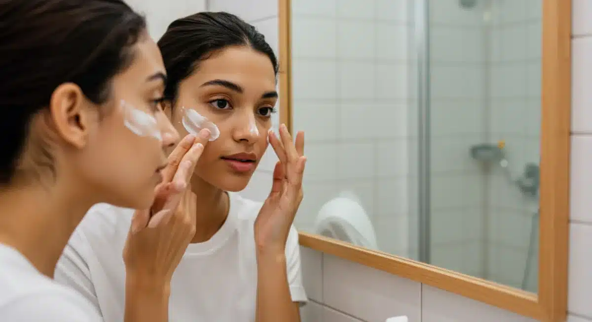 Person applying sunscreen to face in mirror