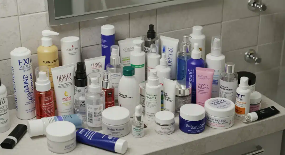 Cluttered skincare products on bathroom counter