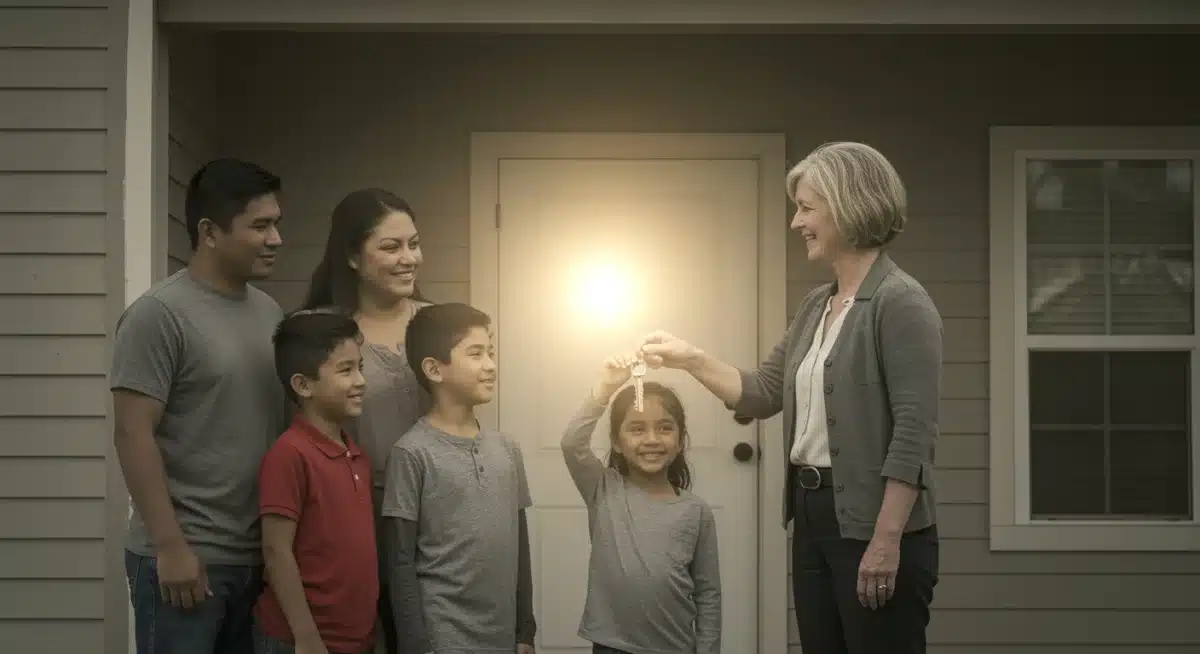 Family receiving keys to new home from housing officer