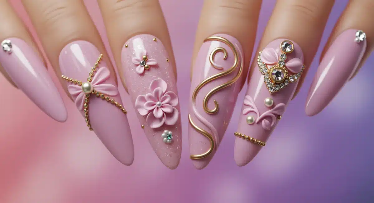 3D textured nail art with pearls and decorative embellishments