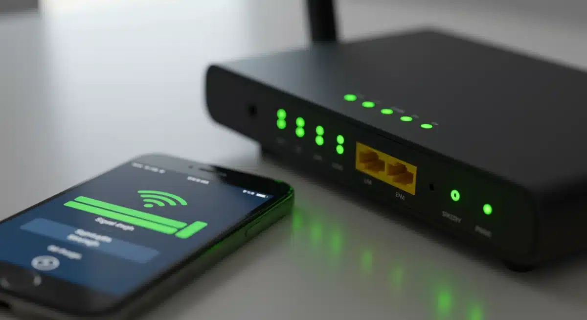 Wi-Fi router indicator lights and smartphone signal strength display
