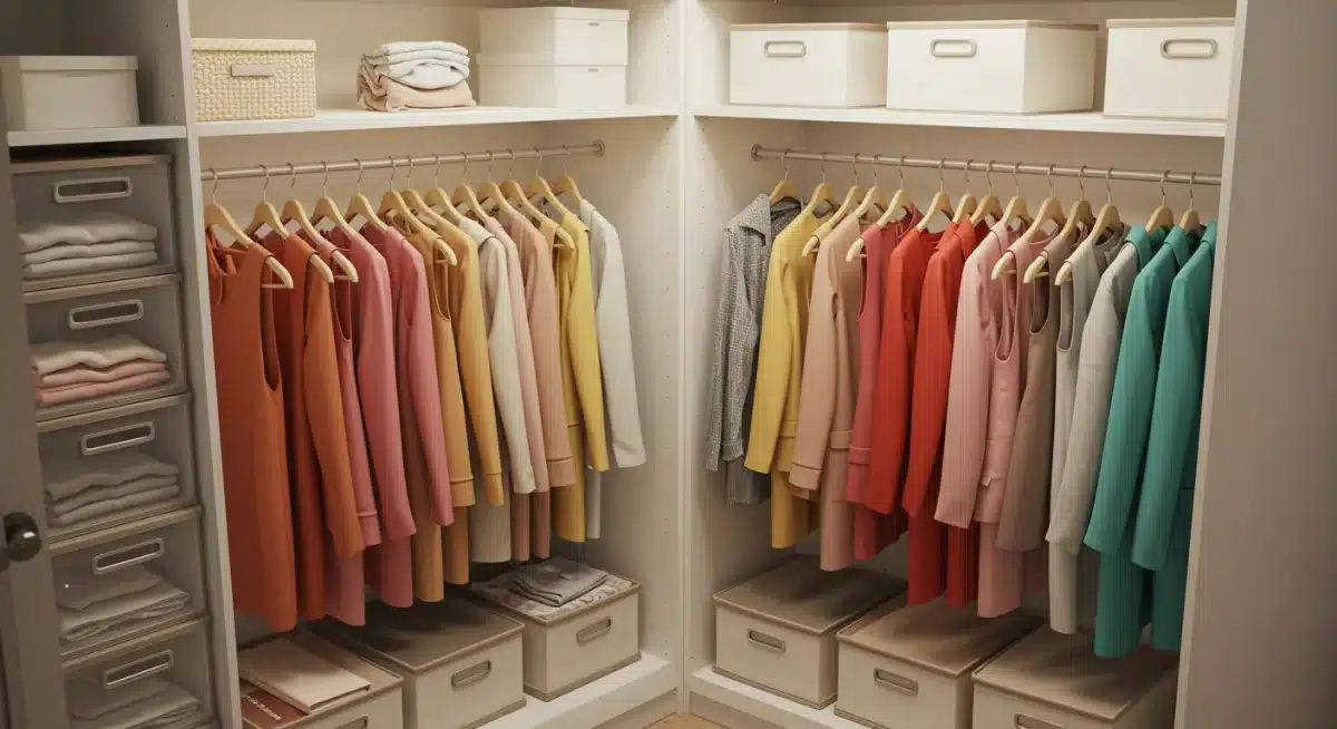 Organized closet with neatly hung clothes and storage boxes