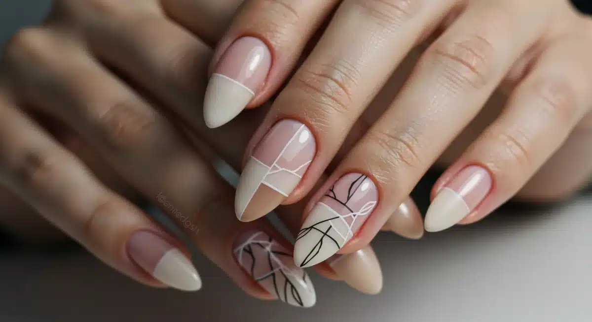 Minimalist negative space nail design with neutral tones