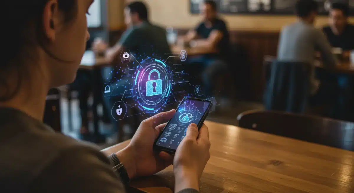 Person using VPN on smartphone in public place